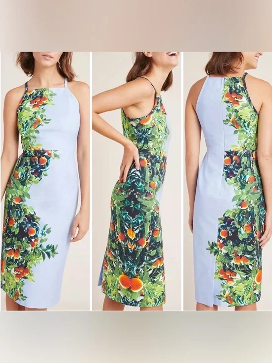 Anthropologie Maeve Orange Bough Citrus Print Sheath Midi Dress Blue Size 0 - Picture 1 of 7
